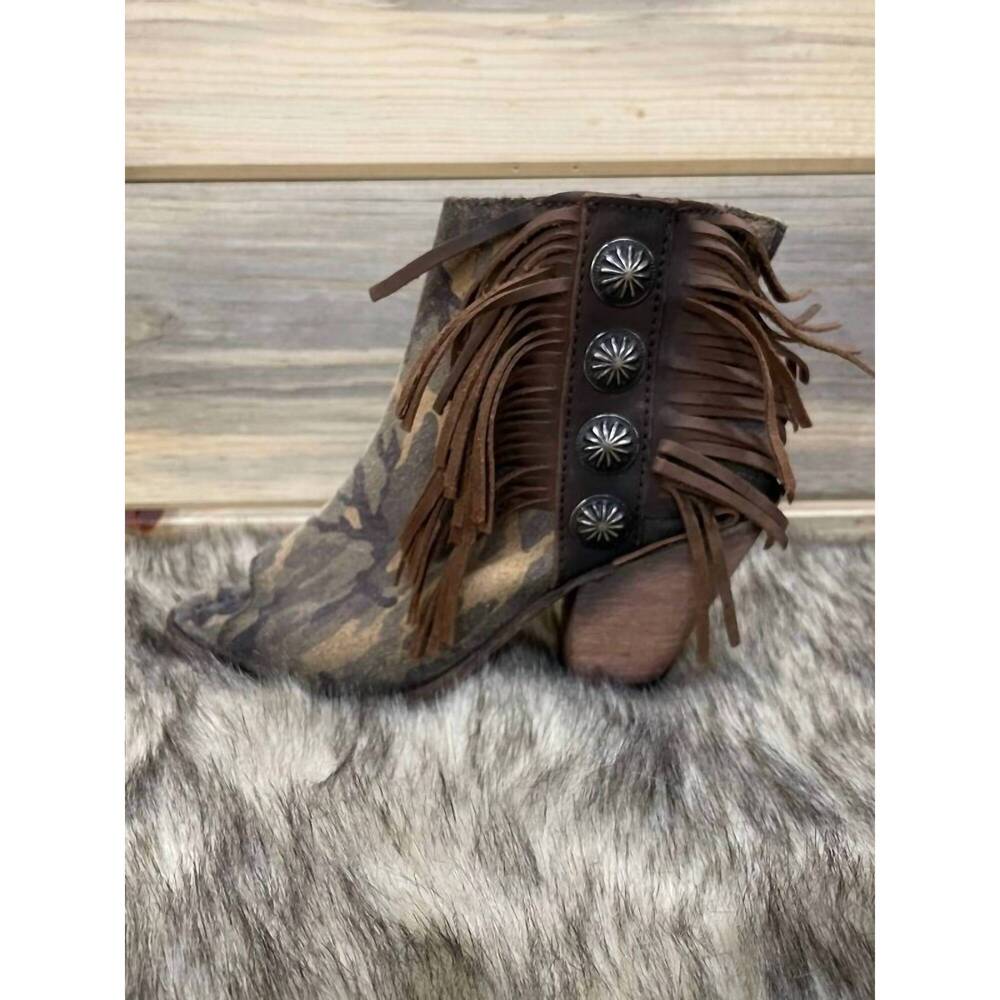 NEW LIBERTY BLACK concho fringe peep toe bootie in camo